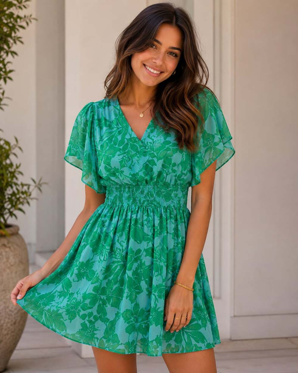 Jessica Howard Green Floral V-Neck Smocked Waist Flutter Sleeve Dress 10P